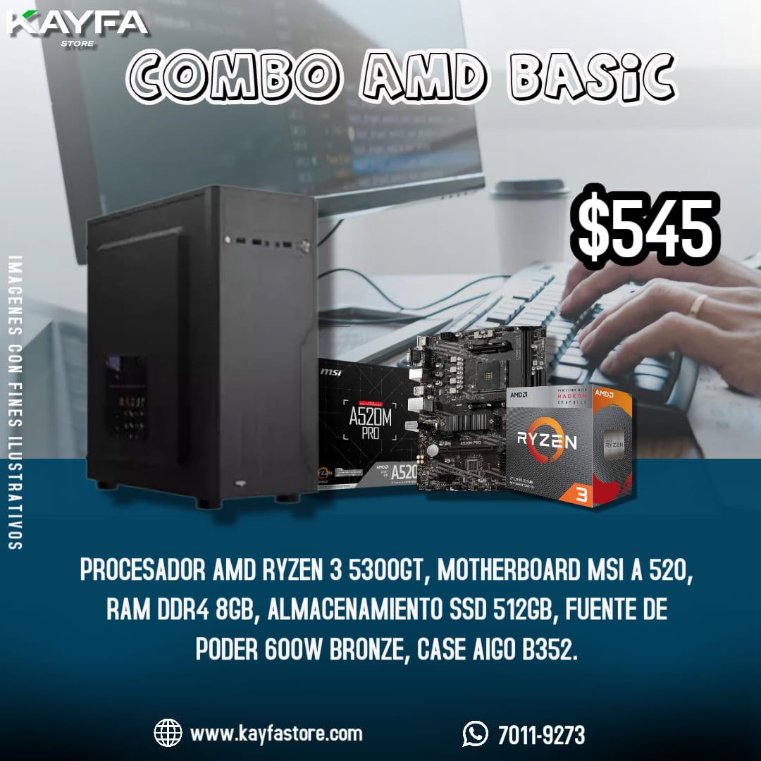 PROCESADOR AMD RYZEN 3 5300GT, MOTHERBOARD MSI A 520, RAM DDR4 8GB, ALMACENAMIENTO SSD 512GB, FUENTE DE PODER 600W BRONZE, CASE AIGO B352.
