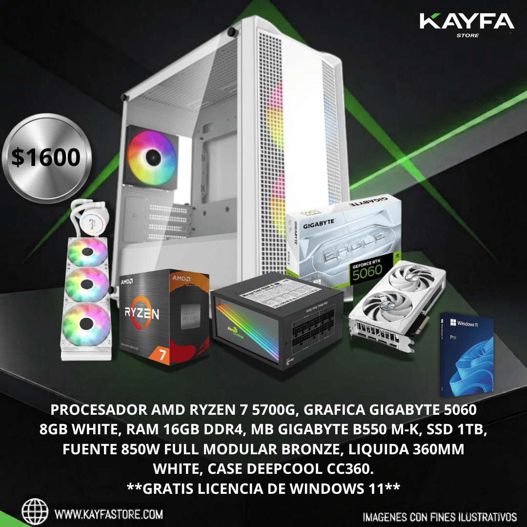 PROCESADOR AMD RYZEN 7 5700G, GRAFICA GIGABYTE 5060 8GB WHITE, RAM 16GB DDR4, MB GIGABYTE B550 M-K, SSD 1TB, FUENTE 850W FULL MODULAR BRONZE, LIQUIDA 360MM WHITE, CASE DEEPCOOL CC360.
**GRATIS LICENCIA DE WINDOWS 11**